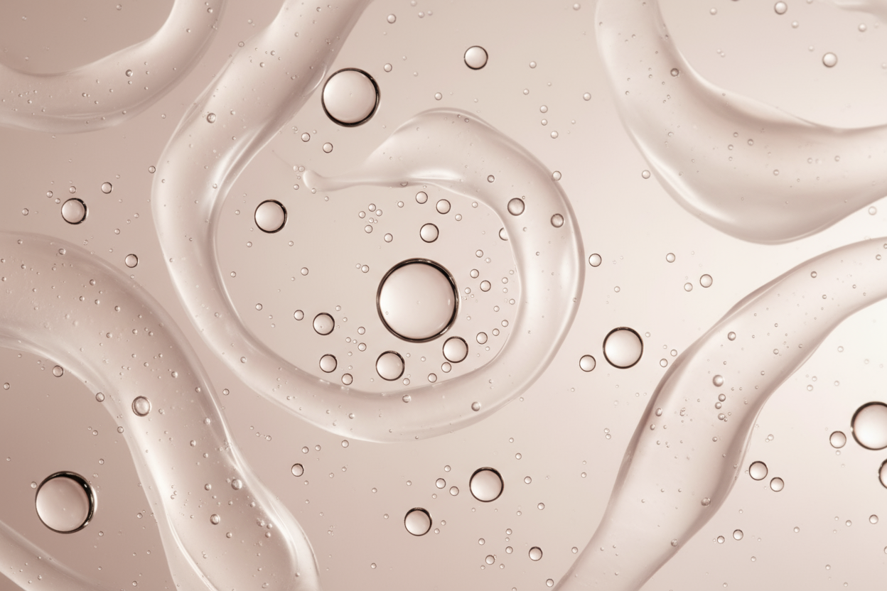 1:1 ultra-realistic macro photo of clear water droplets and silky hydration textures on a blush-beige background, symbolizing deep moisture and nourishment. Soft natural daylight, elegant minimal luxury skincare style, gentle shine and smooth texture, professional 8K macro detail.