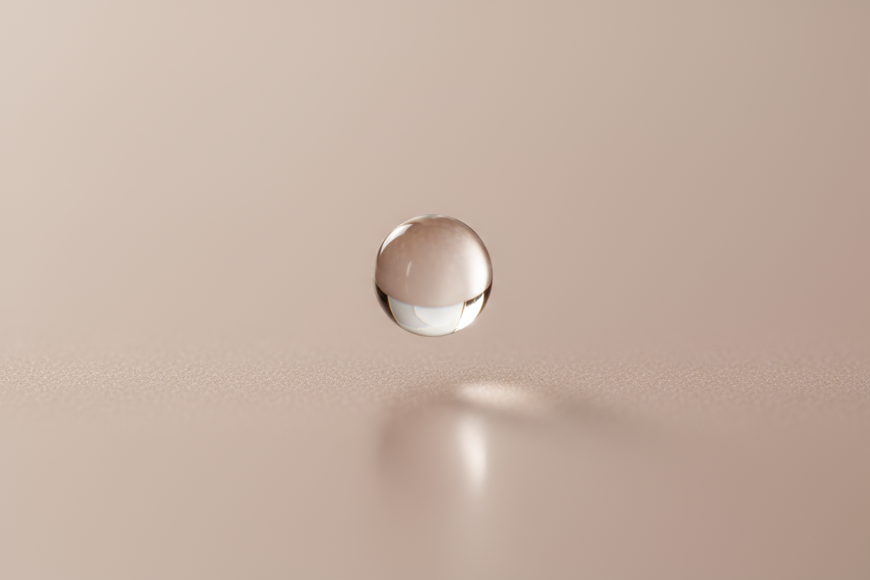 1:1 ultra-realistic photo of a crystal-clear droplet floating on smooth blush-beige surface, symbolizing purity and gentleness. Soft daylight, minimal composition, clean beauty aesthetic, gentle reflection, ultra-detailed 8K macro style.