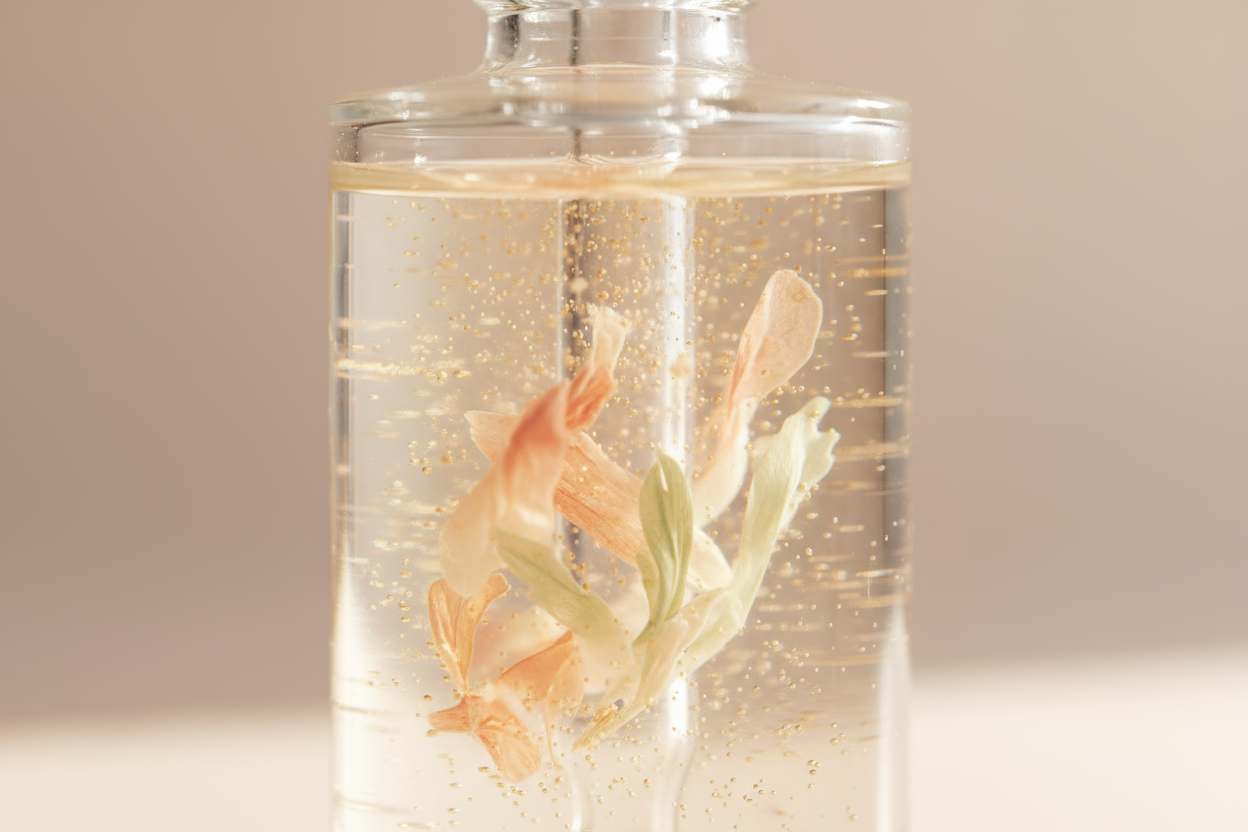 1:1 ultra-realistic photo of botanical vitamin essence with soft organic textures and golden micro-particles in liquid, floating gently in clear serum. Clean blush-beige background, premium skincare aesthetic, diffused daylight, soft elegant lighting, macro detail.