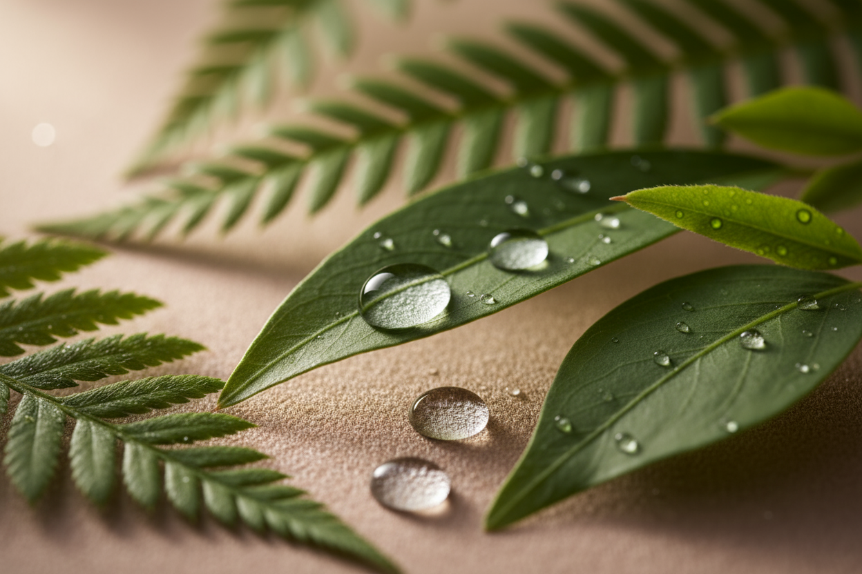 1:1 ultra-realistic photo of green botanical leaves and soft herbal essence drops, representing natural strength and care. Blush-beige background, luxury clean beauty composition, minimal Japanese-inspired lighting, ultra-detailed macro close-up.