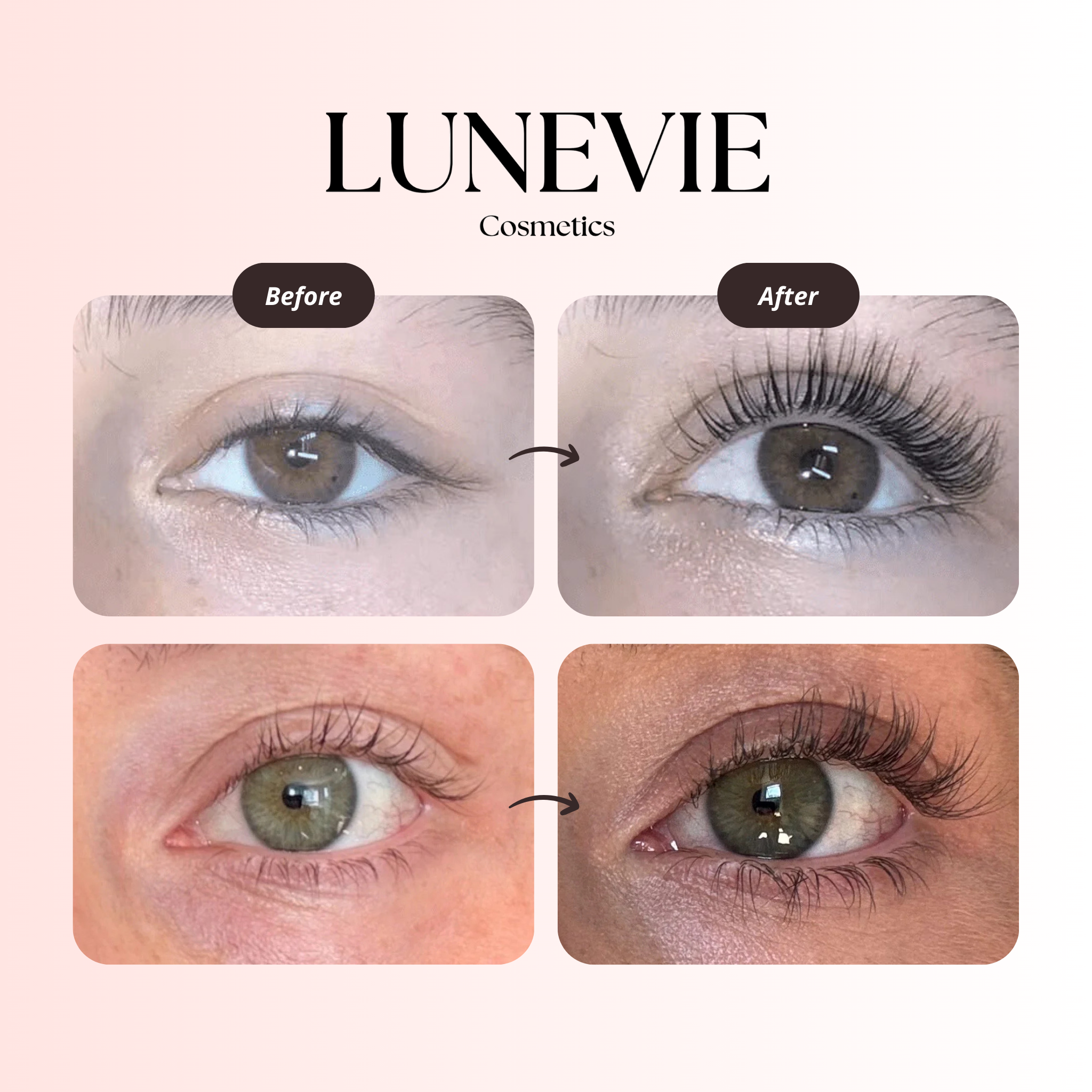 Voor en na resultaten na 4-6 weken gebruik van Lunevie wimperserum