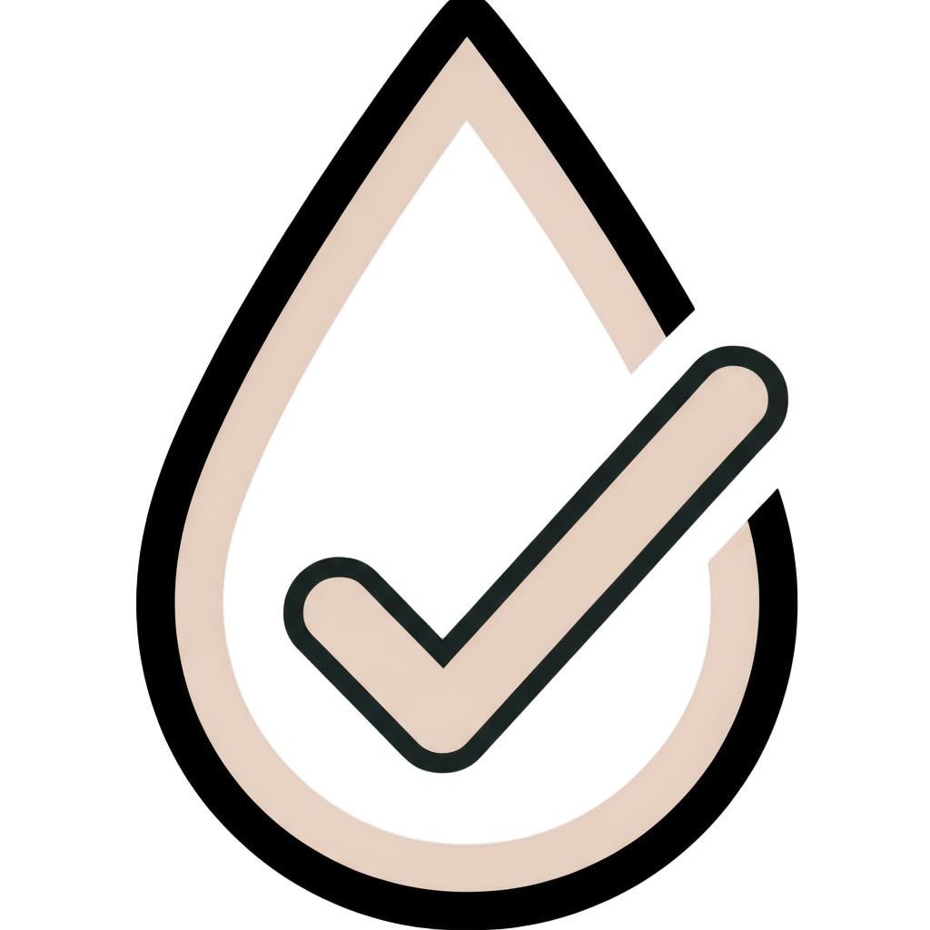 Modern minimal line icon of a droplet with a subtle checkmark inside. Monoline vector style, blush pink (#f7e3e6) and black, simple elegant composition, skincare brand aesthetic.