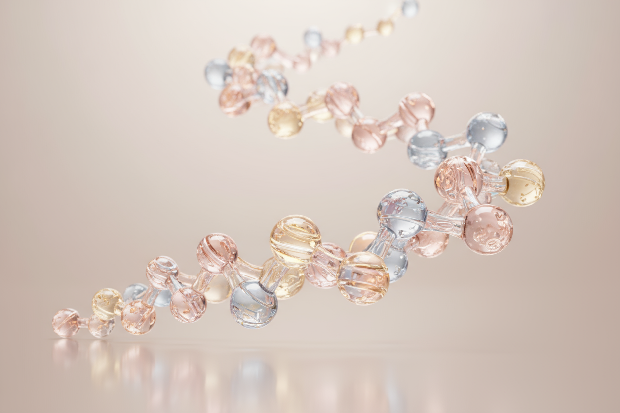 Ultra-realistic 1:1 macro photo of translucent peptide molecules linked together with soft glowing connections, symbolizing cellular renewal and growth. Clean blush-beige background, diffused daylight, elegant minimal composition, professional luxury skincare photography, ultra-detailed 8K, shallow depth of field, soft reflections.